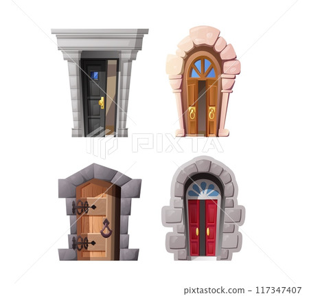 Doors for game design, set of cartoon vector illustration isolated on white 117347407