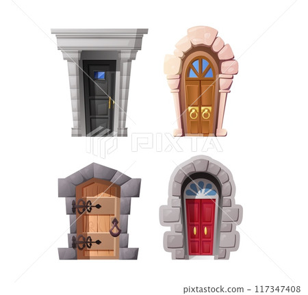 Medieval castle doors vector set, ancient game front portals, entries, vintage entrances from wood, stone and metal haft 117347408