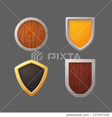 Cartoon game shields vector set, wooden and metal armor, medieval military guard knight shield for user interface 117347416