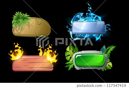 Wooden, metal, stone frames set for interface ui ux game, rank board decorated with leaves, fire vector level button 117347419