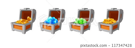 Set of opened wooden chests with different bright treasures flat style 117347428