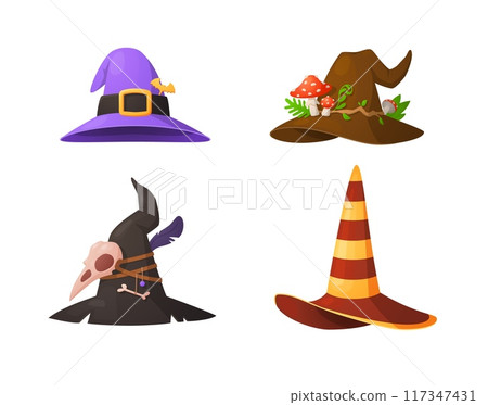 Sorceress hats of witch and wizard, magic caps vector illustration isolated. Sorceress hats of witch and wizard, magic caps vector illustration isolated. 117347431
