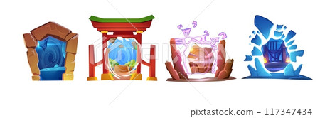 Futuristic portals vector set to fairy world, fantasy game gates to dimensions, teleport entrance to parallel universe Futuristic portals vector set to fairy world, fantasy game gates to dimensions, teleport entrance to parallel universe 117347434