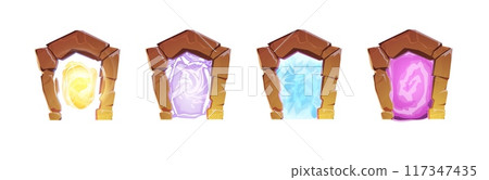 Game portals gates, magic light and stones, set of vector on white. 117347435