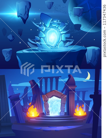 Magic portals in different worlds flat style, vector illustration Magic portals in different worlds flat style, vector illustration 117347436