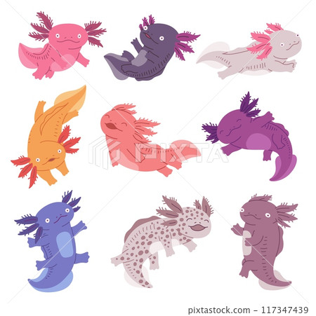 Cute Kawaii axolotl characters set for kids prints vector illustration isolated. Cute Kawaii axolotl characters set for kids prints vector illustration isolated. 117347439