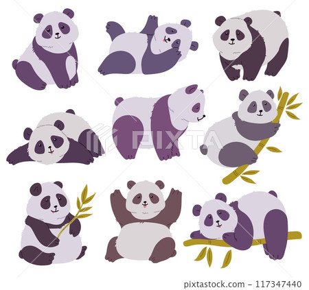 Cute panda in different poses, standing on paws, lying, crawling on bamboo tree vector cartoon set, funny Asian bear 117347440