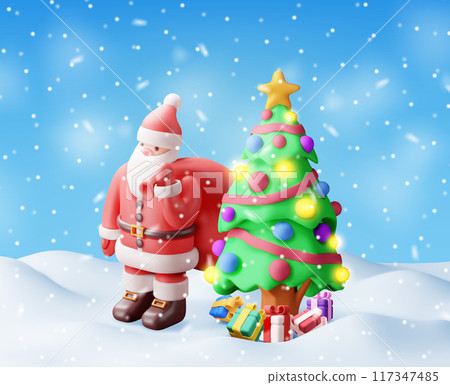 3D santa claus character with gift bag in snow 117347485