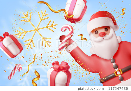 3D santa claus with gift bag and snowflake 117347486