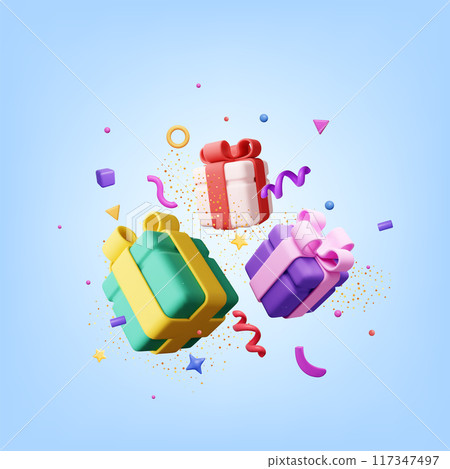 3D gift box with falling confetti 3D gift box with falling confetti 117347497