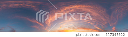 Seamless 360 HDR spherical panorama of sunset sky with vibrant pink Cirrus clouds. Full zenith or sky dome in 3D, sky replacement for aerial drone panoramas. Climate and weather change. 117347622