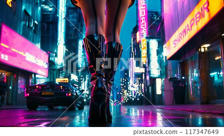 A model in a futuristic cyberpunk outfit with her long legs in high tech stockings 117347649