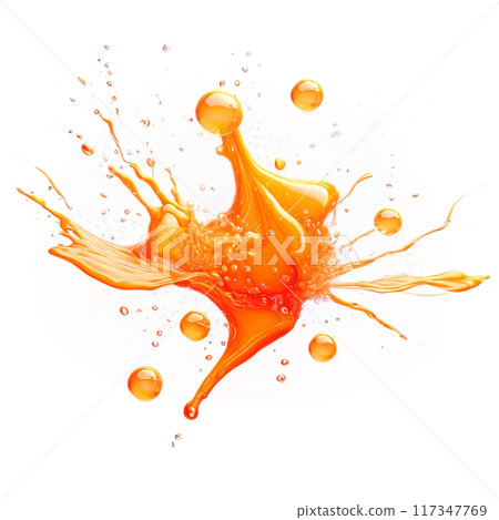 Abstract orange drop water paint strokes and ink drops in aqua watercolor on transparent background. 117347769