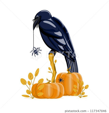 vector image of a raven bird on a tree trunk with a spider and pumpkins 117347846