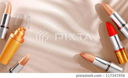 Makeup cosmetic beauty products on beige background with palm leaf shadow top view 3d render mockup banner. Red and nude lipstick tubes, foundation gold pump bottle, poster template. 3D illustration Makeup cosmetic beauty products on beige background with palm leaf shadow top view 3d render mockup banner. Red and nude lipstick tubes, foundation gold pump bottle, poster template. 3D illustration 117347856