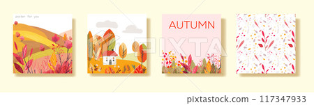 Set of posters autumn landscape Hand drawn White house with a red roof. Fields on the hills. Seamless pattern for covers or wrapping paper. Print on a postcard, poster or wallpaper. Vector 117347933