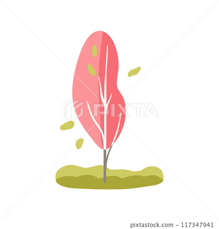 Hand drawn tree in pink and green leaves with autumn and spring themes. Simple design. Flat vector illustration. Birch. Icon. 117347941