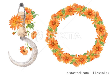 Vintage sickle for cutting herbs, wreath of orange marigolds. Tool for collecting medicinal plants. The concept of a home laboratory for the production of tea. Vintage sickle for cutting herbs, wreath of orange marigolds. Tool for collecting medicinal plants. The concept of a home laboratory for the production of tea. 117348147