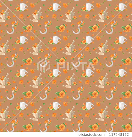 Beautiful seamless floral pattern with hand painted watercolor vibrant flowers, herbal mortar, sickle, cup. Calendula orange on a tan background. Illustration for packaging design, textiles Beautiful seamless floral pattern with hand painted watercolor vibrant flowers, herbal mortar, sickle, cup. Calendula orange on a tan background. Illustration for packaging design, textiles 117348152