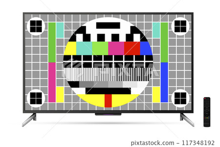 Modern oled tv with remote control and test pattern screen 117348192