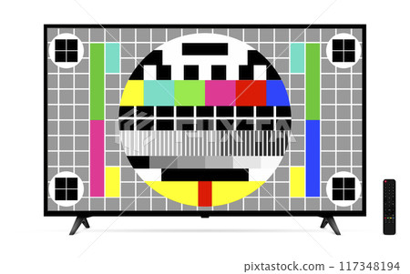Modern TV with test pattern screen isolated on white background Modern TV with test pattern screen isolated on white background 117348194