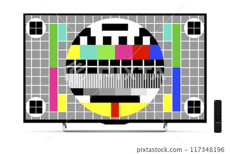 Realistic tv blank screen with remote control isolated on white background. Realistic tv blank screen with remote control isolated on white background. 117348196