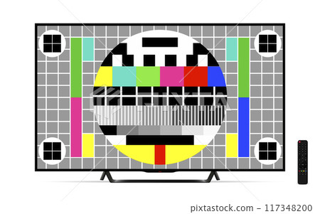 Smart tv with remote control and test pattern screen 117348200