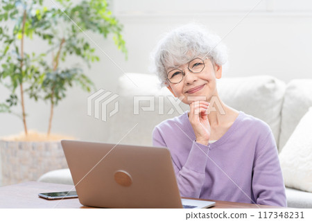Senior woman operating a computer 117348231