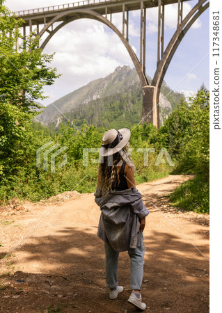 A girl in a hat stands against the backdrop of a beautiful arched bridge over the Tara River, a popular tourist attraction in Montenegro. 117348681