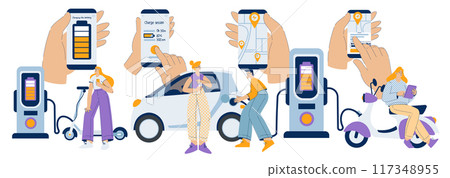Electric Transport with Man and Woman Character Ride Eco-friendly Vehicle Vector Illustration 117348955