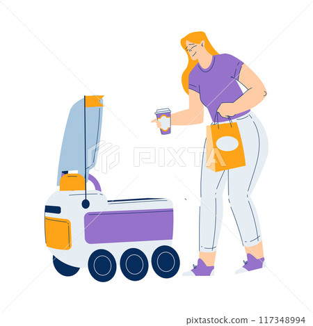Woman Use Robot Online Delivery Service Vector Illustration Woman Use Robot Online Delivery Service Vector Illustration 117348994