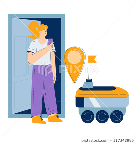 Woman Use Robot Online Delivery Service Vector Illustration Woman Use Robot Online Delivery Service Vector Illustration 117348996