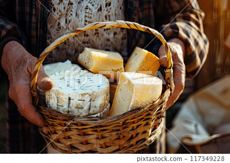 Close up of elderly hands holding wicker basket filled with assorted artisanal cheeses hard, and soft varieties. Rustic farm setting with natural light. Textured cheese surfaces. Ai generation 117349228