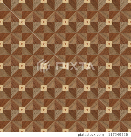 Wooden marquetry can be patterns created from the combination of pine and walnut wood, wooden floor, parquet, cutting board, seamless texture 117349326