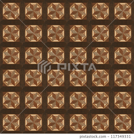 Wooden marquetry can be patterns created from the combination of pine and walnut wood, wooden floor, parquet, cutting board, seamless texture 117349331