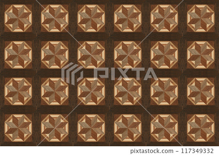Wooden marquetry can be patterns created from the combination of pine and walnut wood, wooden floor, parquet, cutting board, seamless texture 117349332