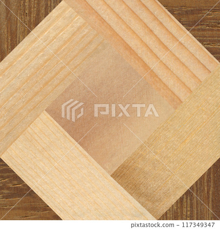 Wooden marquetry can be patterns created from the combination of pine and walnut wood, wooden floor, parquet, cutting board 117349347