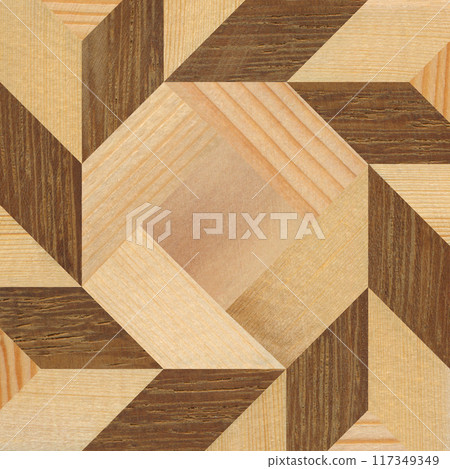 Wooden marquetry can be patterns created from the combination of pine and walnut wood, wooden floor, parquet, cutting board 117349349