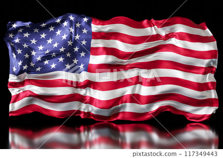 Majestic and vibrant depiction of the American flag, rippling with glossy reflection on a dark surface, ideal for patriotic themes, national holidays, and celebrations of American heritage. 3D render. Majestic and vibrant depiction of the American flag, rippling with glossy reflection on a dark surface, ideal for patriotic themes, national holidays, and celebrations of American heritage. 3D render. 117349443