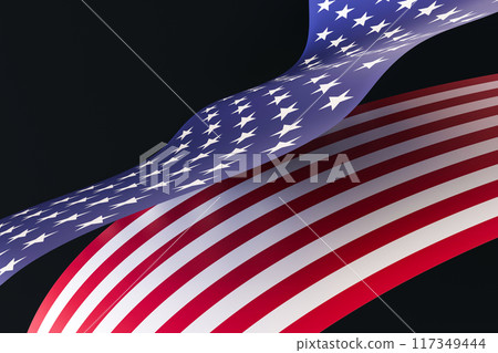 Elegant, dynamic representation of American flag against a dark background, sense of pride and patriotism, perfect for national events, holidays, or any project needing a touch of American spirit. 3D. 117349444