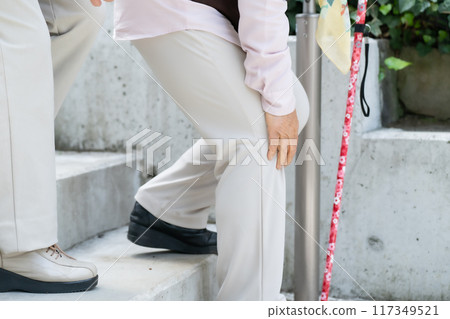 老婦人下樓梯，手邊有膝關節 117349521