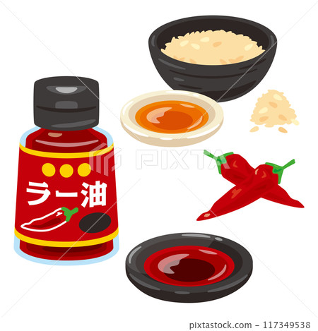 瓶子裡的辣椒油和小盤子裡的辣椒油 117349538