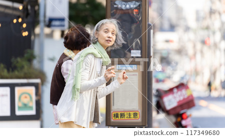 Senior woman waiting for the bus 117349680