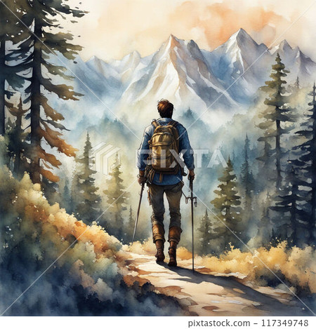 Watercolor painting of a man climbing a mountain 117349748