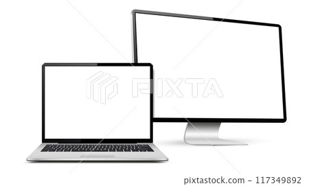 Computer and laptop with white screen on white background 117349892