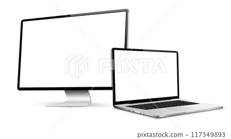 Realistic laptop mockup and computer display with blank screen isolated on white background Realistic laptop mockup and computer display with blank screen isolated on white background 117349893