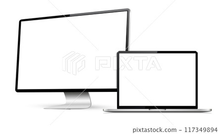 Computer and laptop with white screen on white background Computer and laptop with white screen on white background 117349894