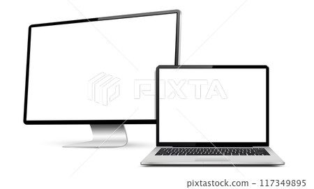 Realistic computer screen with laptop mockup. Computer display and laptop with blank screen. Realistic computer screen with laptop mockup. Computer display and laptop with blank screen. 117349895