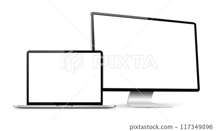 Realistic computer screen with laptop mockup. Computer display and laptop with blank screen. Realistic computer screen with laptop mockup. Computer display and laptop with blank screen. 117349896