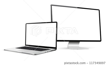 Realistic laptop and computer display with blank screen isolated on white background Realistic laptop and computer display with blank screen isolated on white background 117349897